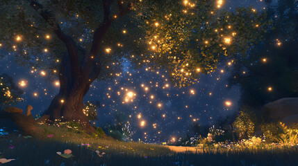 Naklejka premium Enchanting Night Scene With Glowing Lights And Tree