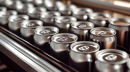 Close-up view of silver beer cans rolling along a conveyor belt in a bustling production line at a modern factory setting