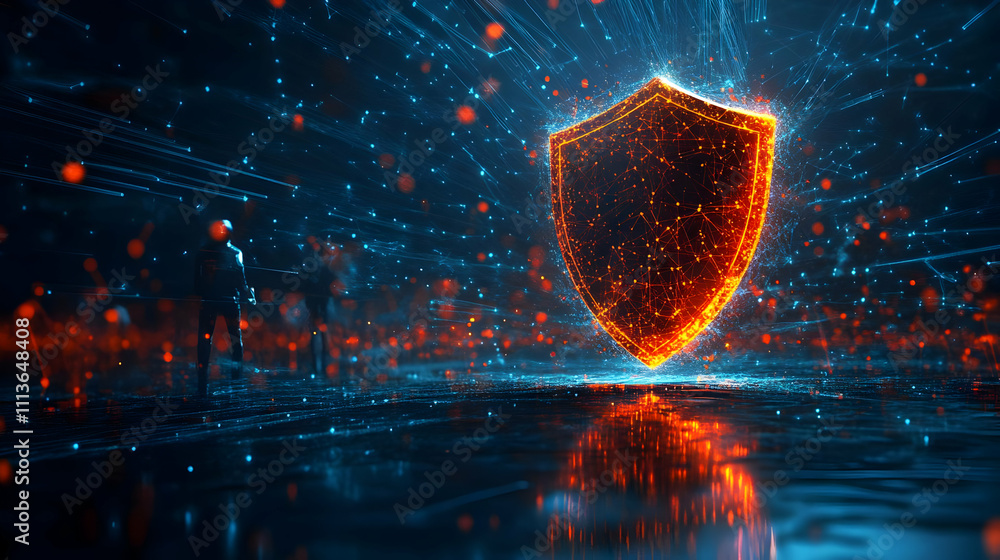 Aufkleber a digital shield surrounded by glowing particles, symbolizing cybersecurity and protection.