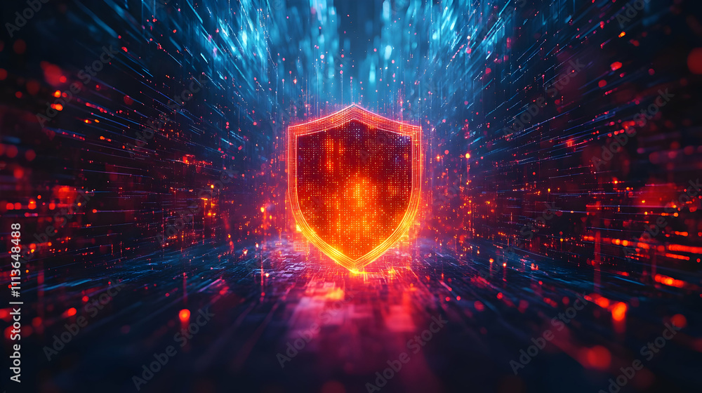 Poster a glowing shield surrounded by vibrant particles, symbolizing digital security and protection.