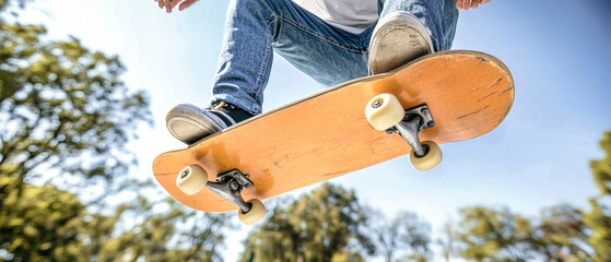 Young man showcases impressive skateboard trick in vibrant skate park under bright blue skies