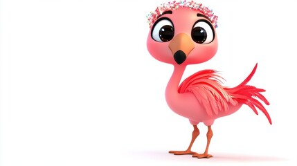 Fototapeta premium Cute Cartoon Pink Flamingo Illustrated Bird with Vibrant Feathers and Playful Expression on White Background