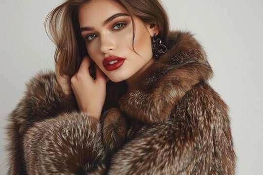 Winter luxury fur coat fashion model posing in store.