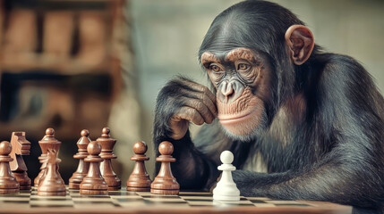 Chimpanzee engages in an intense chess match, pondering strategies while contemplating the white king piece on the board