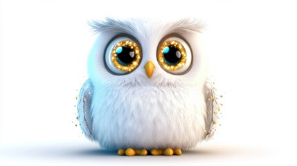 Fototapeta premium Adorable Blue Fluffy Owl with Big Eyes on Blank White Background