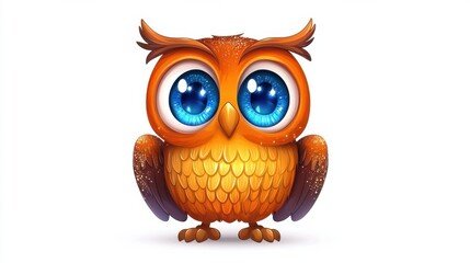Naklejka premium Cute Cartoon Owl with Big Bright Blue Eyes in Orange Feather Plumage