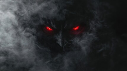 Dark mist with glowing red eyes on a solid black background