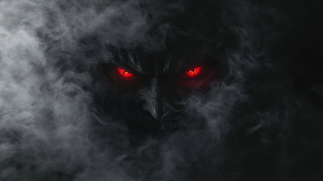 Dark mist with glowing red eyes on a solid black background