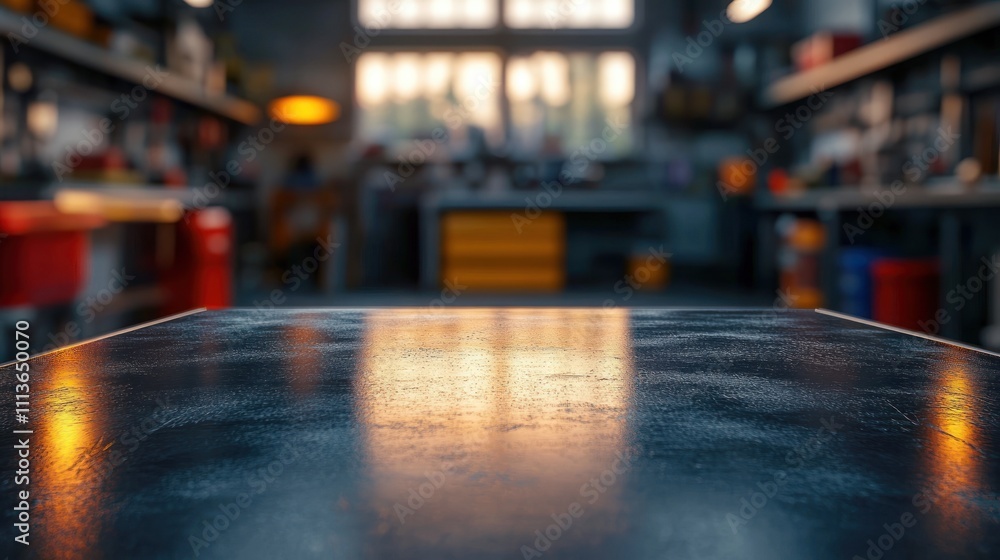 Poster shiny metallic table in workshop with blurred background space for products and craft ideas in studi