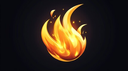 Isolated glowing orange fireball with cartoon-style flames on a solid black background