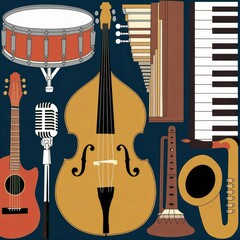 Illustration of various musical instruments including a saxophone, bass, and drums on a dark...