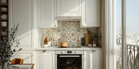 A kitchen with a stove and oven, a window, and a view of the city. The kitchen is clean and well-organized, with a few decorative elements such as a vase and a potted plant