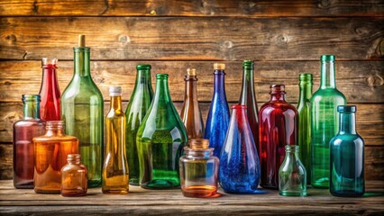 Colorful glass bottles of various sizes and shapes arranged on a rustic wooden table, colorful, glass bottles, vibrant