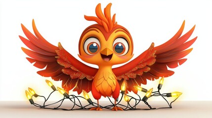 Obraz premium Cute Animated Red Bird Perched on Tree Branch with Spread Wings