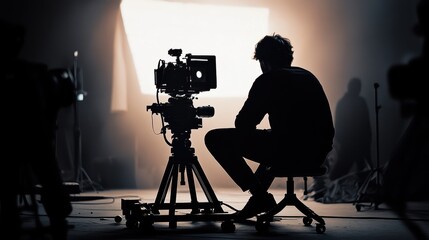 Fototapeta premium Silhouette of a male filmmaker working behind the camera in a dimly lit studio.