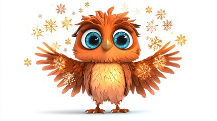 Fototapeta premium Adorable Cartoon Owl with Colorful Feathers and Wide Eyed Expression