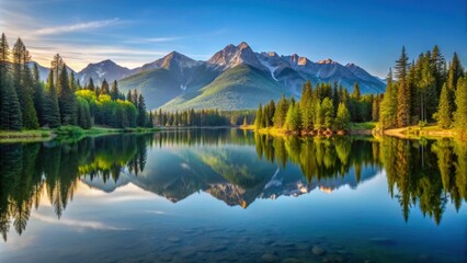 Scenic view of serene lake reflecting surrounding mountains and trees, nature, landscape, water, reflection, peaceful