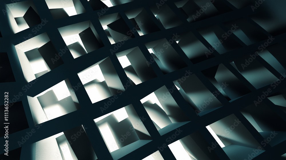 Poster abstract architectural wall with geometric openings illuminated by soft light. innovative phase-chan