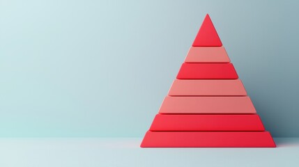 Fototapeta premium Milestones success tracking. A minimalist image featuring a stacked pyramid of red blocks against a soft blue background, highlighting simple geometric shapes and colors.