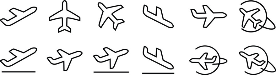 Plane icon set. Travel concept. Departures and arrivals symbol Airplane icon vector silhouette travel flight simple logo on isolated transparent background. Flight transport symbol.