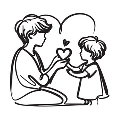 One continuous single drawing black line art doodle of a child giving a heart shaped card to their mother on happy holiday concept