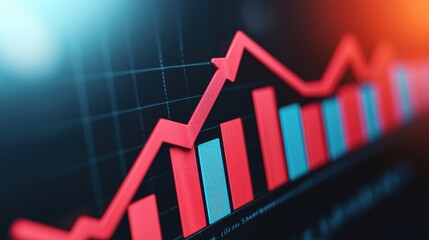 Milestones success tracking. A vibrant graph showing an upward trend with red and blue bars, reflecting data growth and analysis in a digital format.