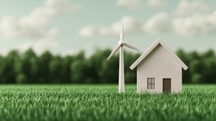 Milestones success tracking. A small white house stands beside a wind turbine on a green grassy field, symbolizing renewable energy and sustainable living.