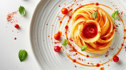A beautifully plated spaghetti dish with tomato sauce and garnishes.