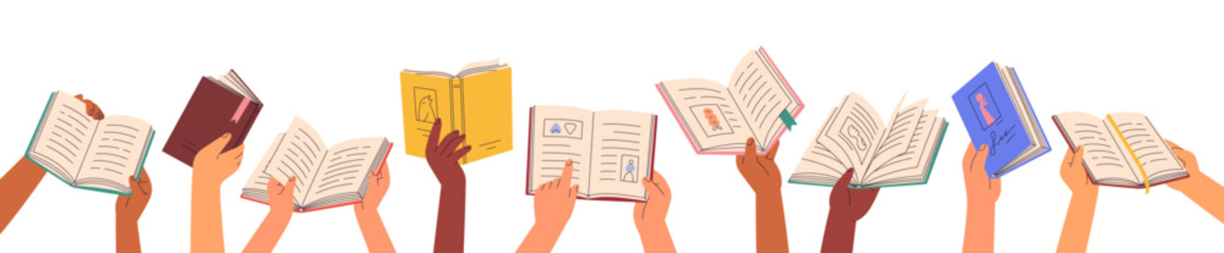 Hands hold open books, reading, set. Studying, learning, turning paper pages for knowledge. Education and fiction literature, science and novels. Flat vector illustration isolated on white background