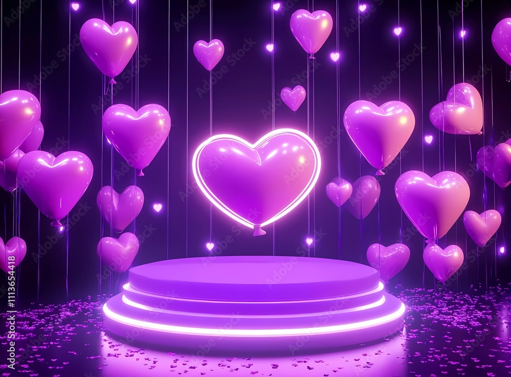 Poster 3d rendering of an empty stage with heart-shaped balloons and confetti flying around. the background