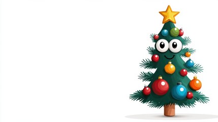 Playful Cartoon Christmas Tree Decorated with Colorful Ornaments and Bright Star Topper