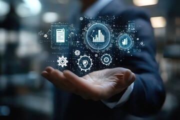 Businessman Enhancing Productivity with Holographic Technology in Futuristic Office Environment