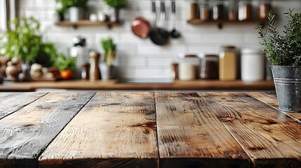 Wooden table perspective in a restaurant kitchen with fresh ingredients and cozy environment