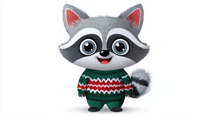 Adorable Gray Raccoon Stuffed Toy in Festive Winter Sweater