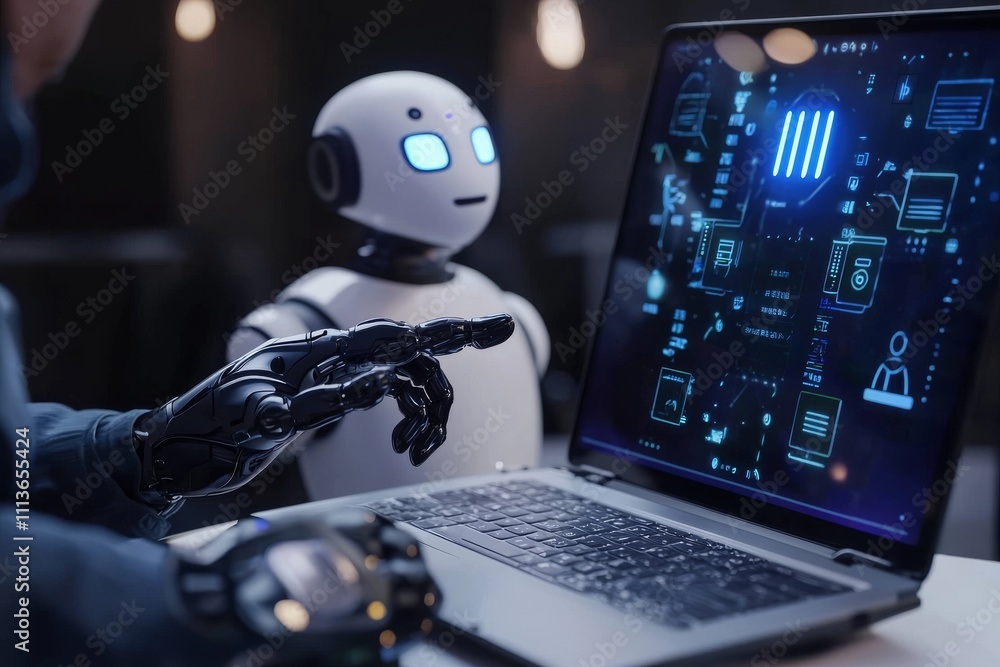 Poster a robotic assistant interacts with a laptop, showcasing advanced ai technology with a futuristic des