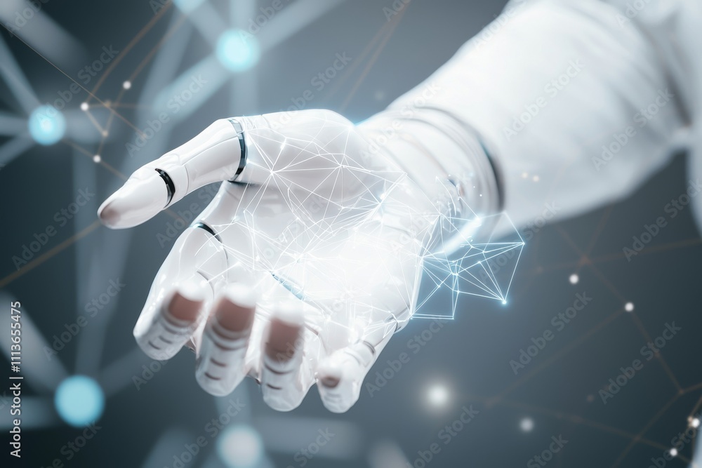Poster a close-up of a futuristic robotic hand, showcasing intricate networks of light and geometric shapes