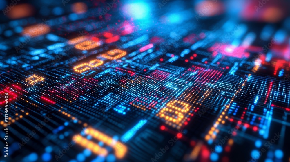 Poster abstract digital data grid with glowing numbers and neon colors, futuristic technology and informati