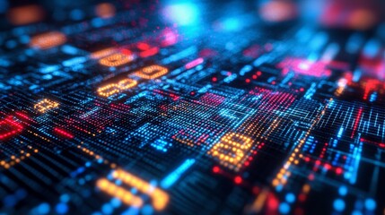 Obraz premium Abstract digital data grid with glowing numbers and neon colors, futuristic technology and information processing concept