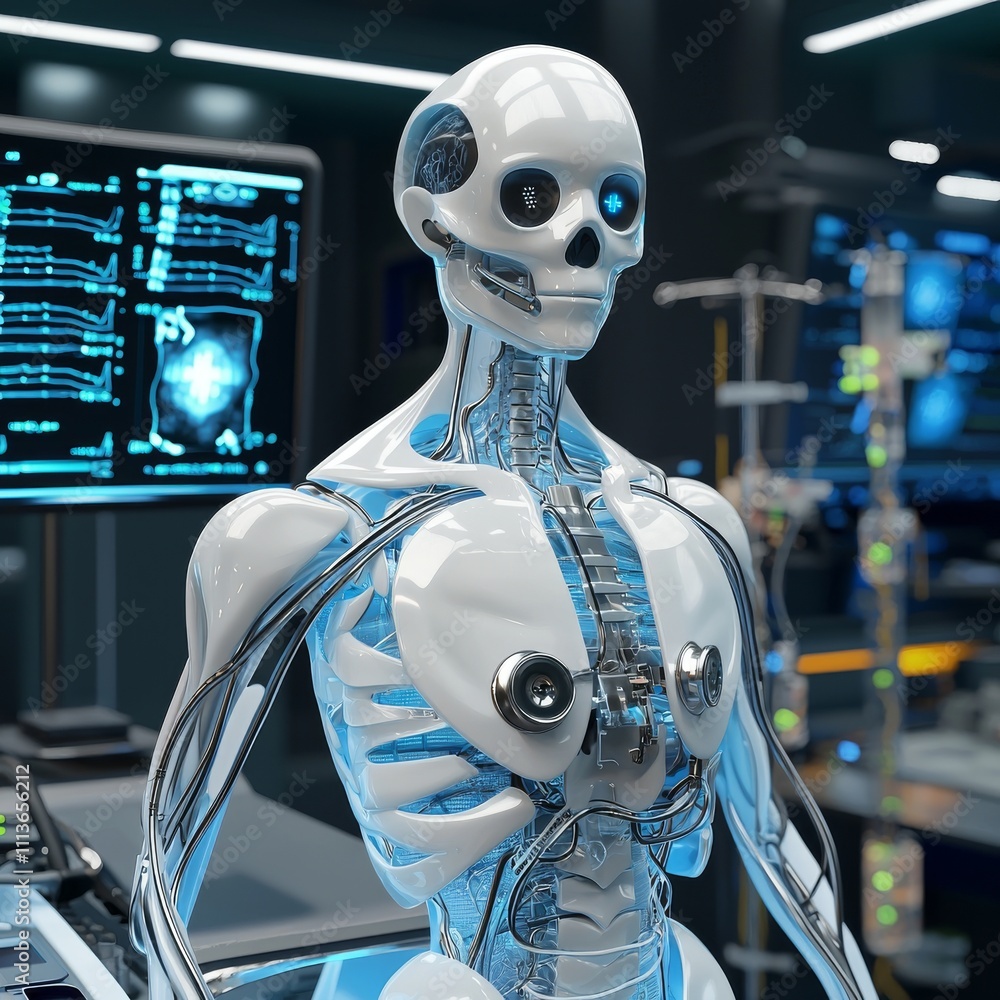Poster futuristic humanoid robot skeleton with glowing blue elements in a high-tech lab setting.