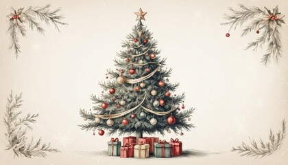 Fototapeta premium Vintage Christmas tree adorned with ornaments and gifts on textured background for holiday card concept copy space
