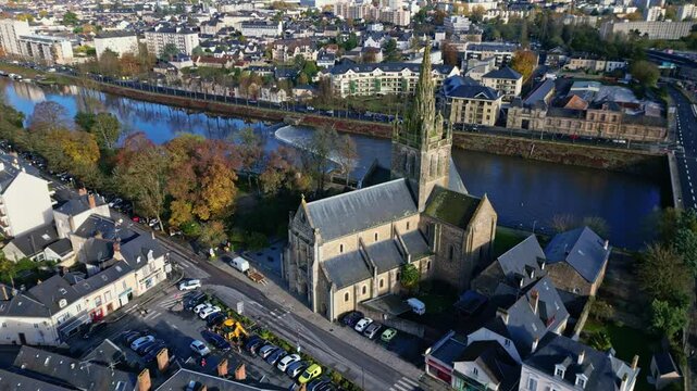 Notre-Dame Basilica of Avesni&egrave;res in a orbiting drone movement at Laval in Mayenne, France.