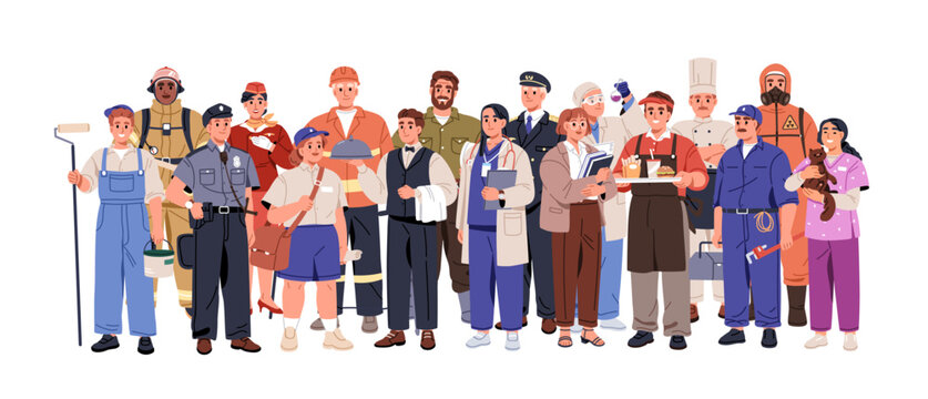 Frontliner workers group. Frontline professionals, people at service. Police officer, medical staff, doctor, firefighter, construction staff. Flat vector illustration isolated on white background