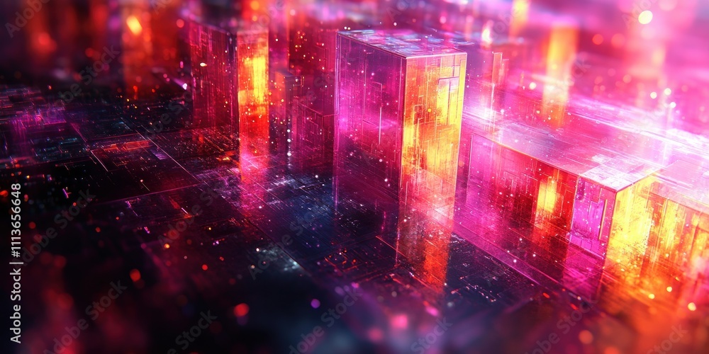Poster futuristic abstract composition with reflective iridescent structures and neon lighting