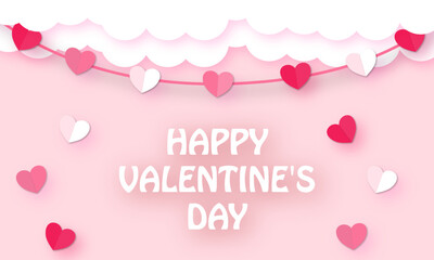 Happy Valentine's day sale header or voucher template with hearts and pink sky and paper cut clouds. Place for text. 