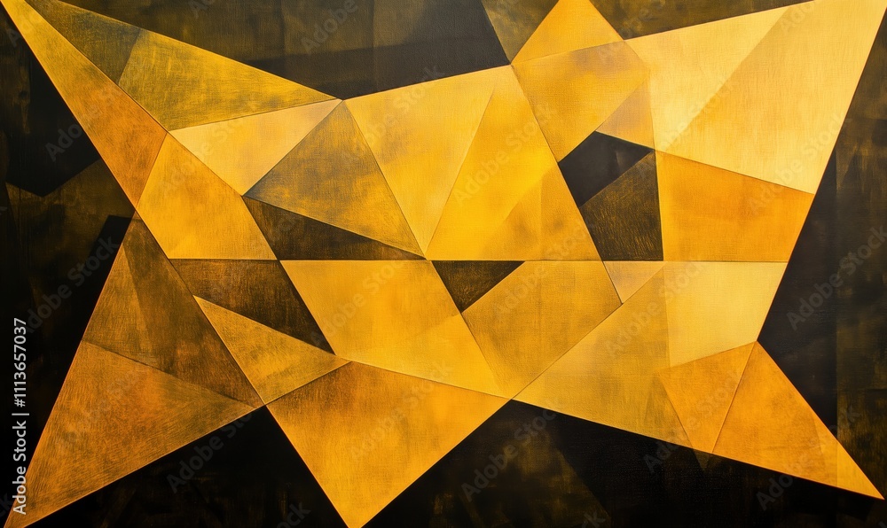 Poster abstract geometric art in yellow tones, featuring sharp angles and triangular shapes, creating a dyn