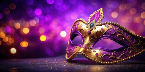 Vibrant masquerade mask on a purple background for celebrating Mardi Gras, Mardi Gras, celebration, mask, vibrant, colorful