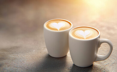 Warm coffee cups with heart latte art, perfect for romance