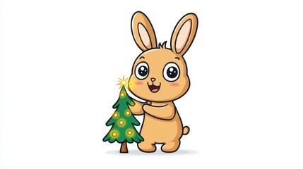 Obraz premium Cute Cartoon Rabbit with Christmas Tree