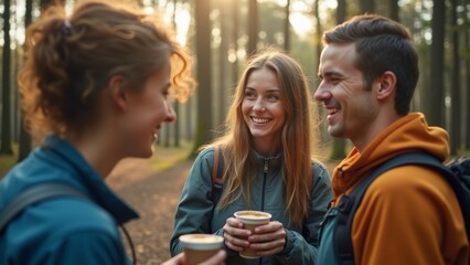 Obraz premium Group of Friends Enjoy Warm Drinks While Hiking in a Sunlit Forest During Autumn