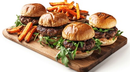 A delicious platter featuring four burgers with arugula and sweet potato fries.
